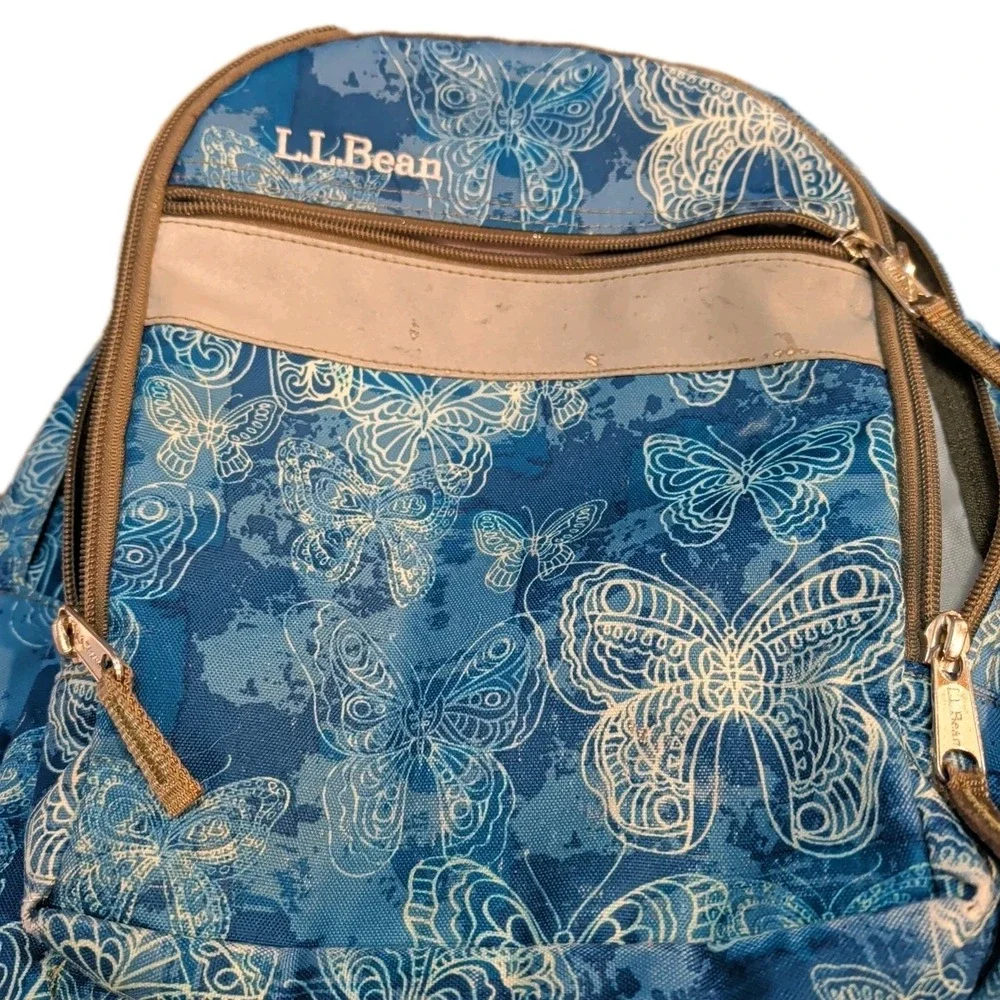 LL Bean Backpack Blue Butterflies Tons of Pockets Adjust Straps All Zippers Work